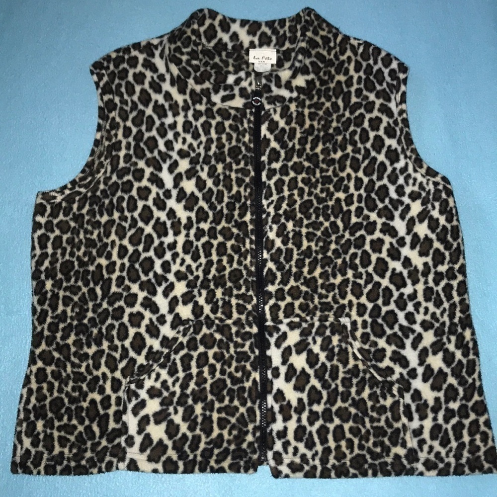 LA FETE Cheetah print vintage vest mandarin collar pouch pockets NEW size L